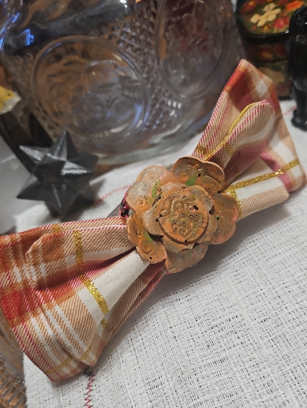 Handcrafted Plaid Dog Collar Bow Tie Peach Leather Floral Accent NEW